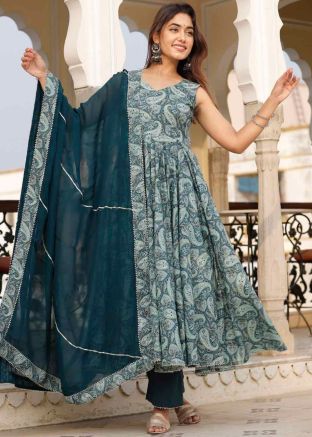Grey Readymade Cotton Anarkali Suit In Digital Print