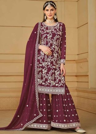 Magenta Embroidered Gharara Suit Set