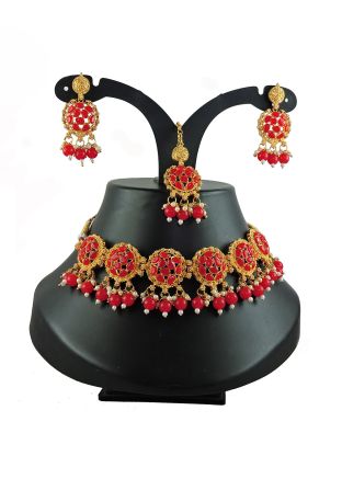 Red Beads & Stone Studded Necklace