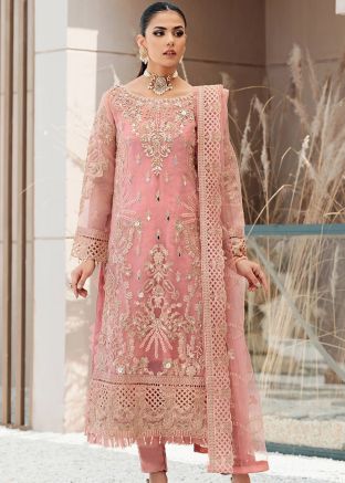 Pink Embroidered Pant Suit Set In Organza