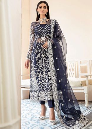 Blue Embroidered Pant Suit Set In Organza