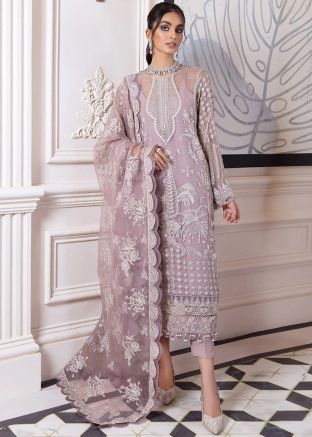Purple Embroidered Pant Suit Set In Organza