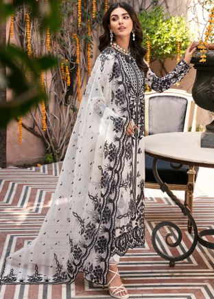 White Embroidered Pant Suit Set In Organza