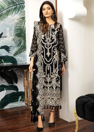 Black Embroidered Suit Set In Organza