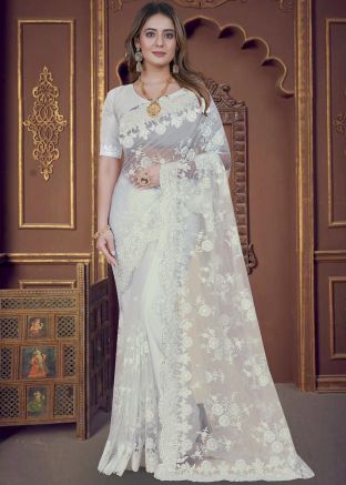 White Beads Work Saree in Net