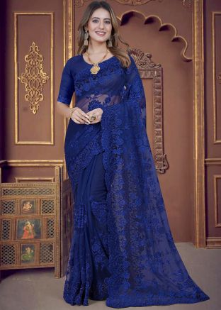 Blue Embroidered Saree In Net