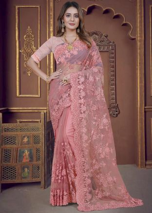 Peach Embroidered Saree In Net