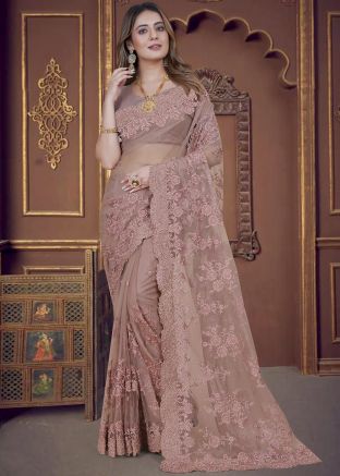 Purple Net Saree In Beads Work