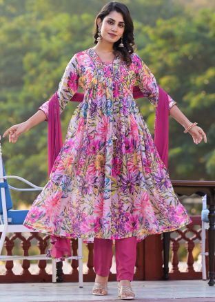Multicolor Floral Print Anarkali Style Suit