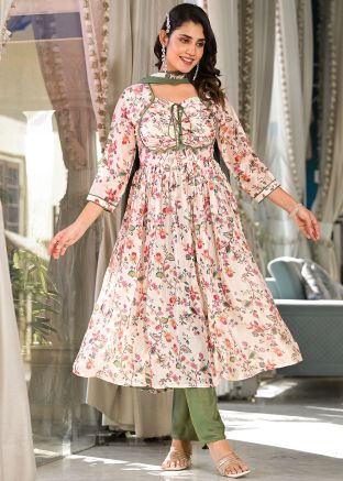 Cream Floral Print Anarkali Style Suit