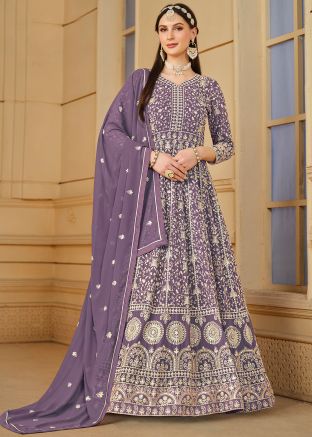 Purple Embroidered Anarkali Suit In Georgette