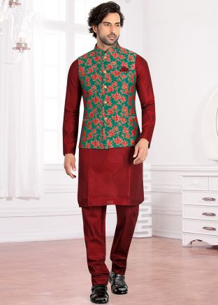 Green Brocade Woven Readymade Nehru Jacket