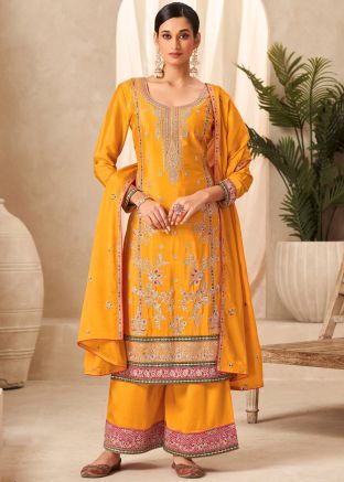 Readymade Yellow Embroidered Palazzo Suit Set