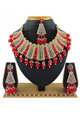 Red Beads & Stone Studded Necklace Set