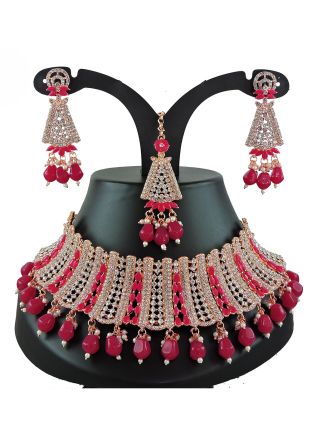 Magenta Stone Work Necklace Set