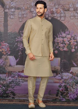 Beige Kurta Pant With Embroidered Nehru Jacket