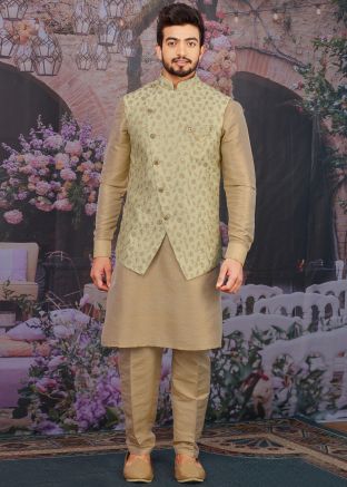 Beige Kurta Pant With Embroidered Asymmetric Jacket