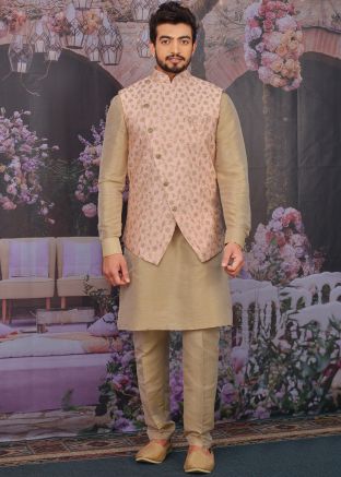 Beige Kurta Pant Set With Asymmetric Embroidered Jacket