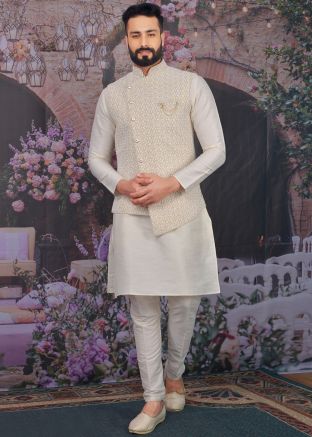 White Kurta Pant With Embroidered Asymmetric Jacket