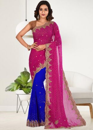 Pink & Blue Embroidered Half N Half Georgette Saree