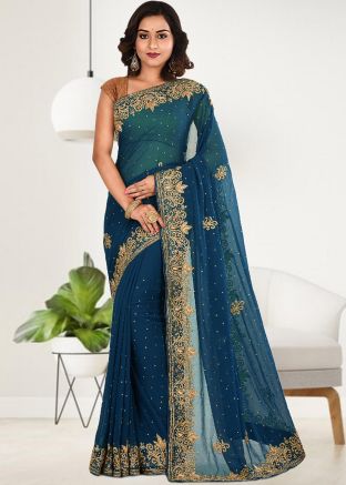 Teal Blue Stone Work Saree In Georgette