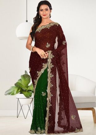 Maroon & Green Half N Half Embroidered Saree