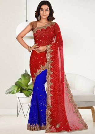 Red & Blue Half N Half Georgette Saree
