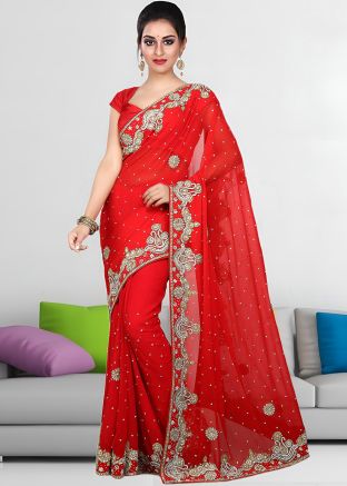 Red Heavy Border Georgette Saree 