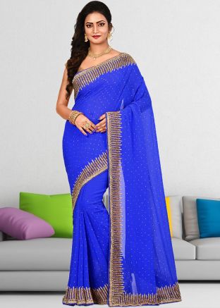 Blue Georgette Saree In Stone Work