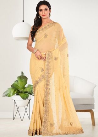 Cream Embroidered Georgette Saree 