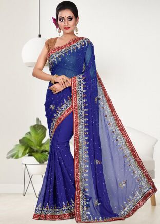 Blue Embroidered Georgette Saree