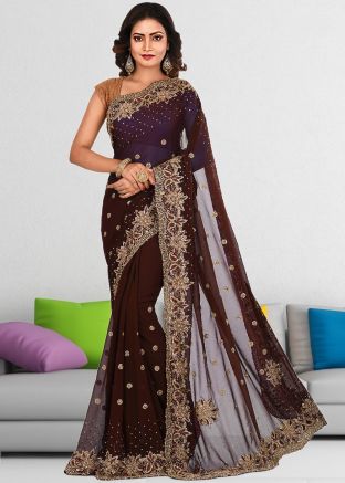 Maroon Embroidered Georgette Saree & Blouse