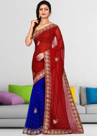 Red & Blue Half N Half Embroidered Georgette Saree 