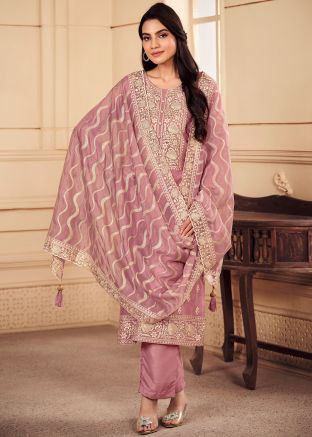 Pink Thread Embroidered Organza Pant Suit