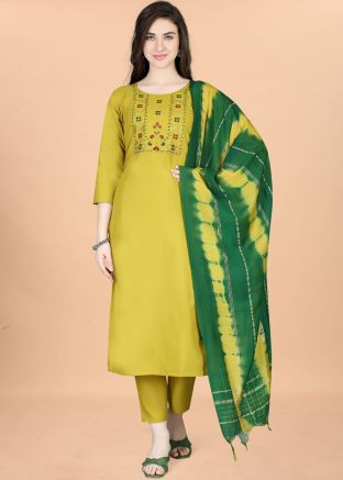 Readymade Yellow Embroidered Pant Suit In Cotton