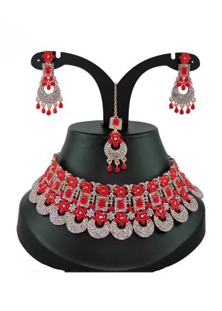 Red Studded Stone Necklace Set