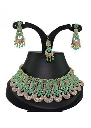 Green & White Studded Stone Necklace Set