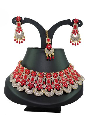 Red & White Stone Studded Necklace Set