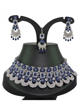 Navy Blue & White Stone Work Necklace Set