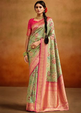Green Floral Printed Art Silk Saree