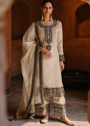 Off White Readymade Embroidered Art Silk Pant Suit
