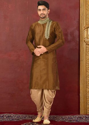 Brown Readymade Embroidered Kurta With Dhoti