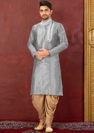 Readymade Grey Dupion Silk Kurta With Dhoti Pant