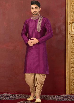 Purple Dupion Silk Readymade Kurta Dhoti Set