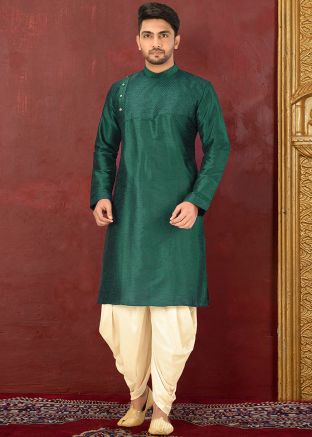 Green Readymade Dupion Silk Kurta With Dhoti
