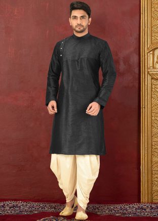 Black Dupion Silk Readymade Kurta Dhoti Pant Set