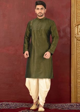 Readymade Green Dupion Silk Kurta With Dhoti
