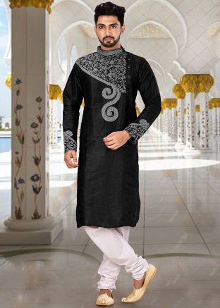 Readymade Black Embroidered Kurta With Churidar