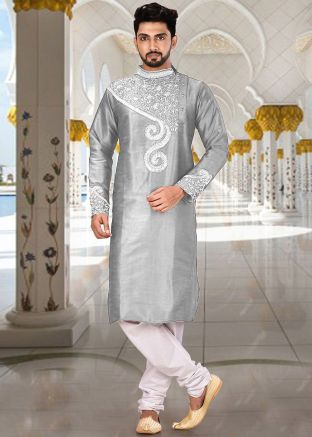 Grey Embroidered Readymade Kurta Churidar Set