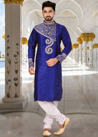 Blue Embroidered Dupion Silk Kurta With Churidar